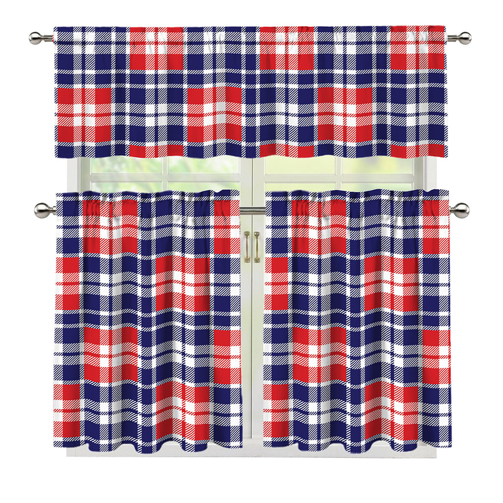American Independence Day Plaid Print 3 Piece Kitchen Curtains