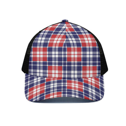 American Independence Day Plaid Print Black Mesh Trucker Cap