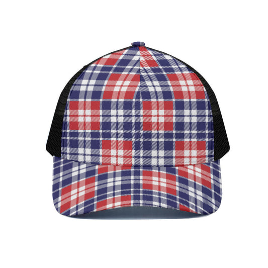 American Independence Day Plaid Print Black Mesh Trucker Cap