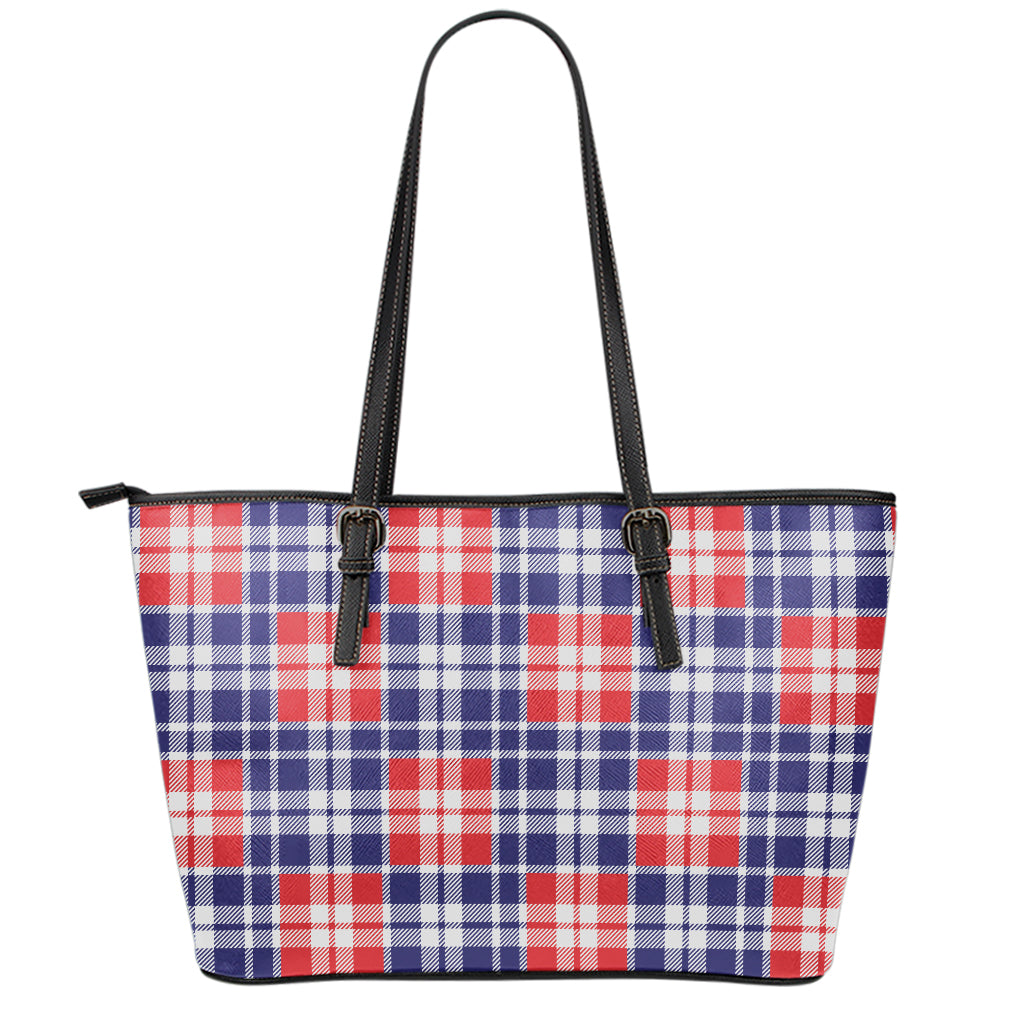 American Independence Day Plaid Print Leather Tote Bag