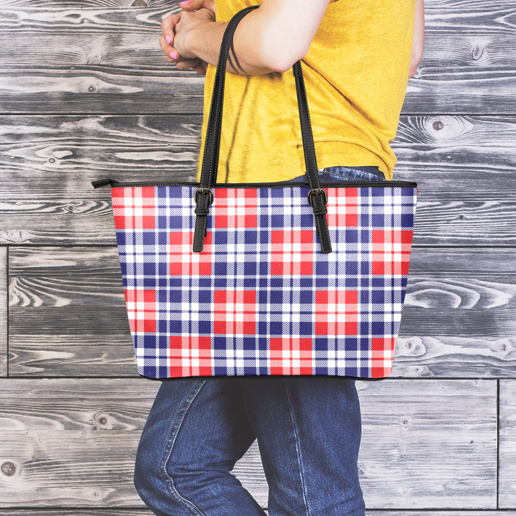 American Independence Day Plaid Print Leather Tote Bag