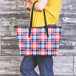 American Independence Day Plaid Print Leather Tote Bag