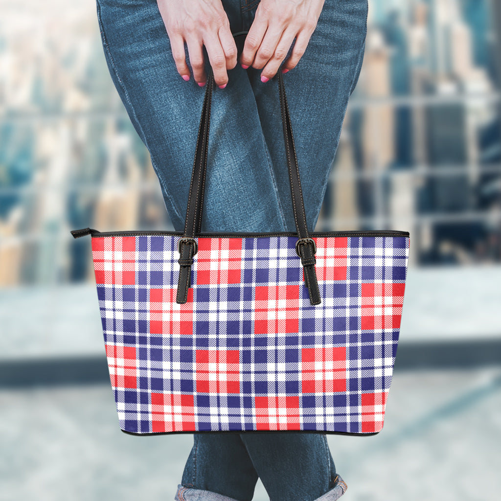 American Independence Day Plaid Print Leather Tote Bag