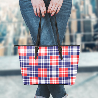 American Independence Day Plaid Print Leather Tote Bag