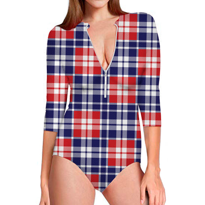 American Independence Day Plaid Print Long Sleeve Swimsuit