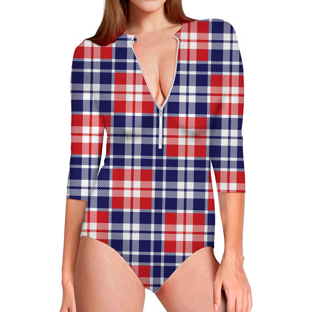 American Independence Day Plaid Print Long Sleeve Swimsuit