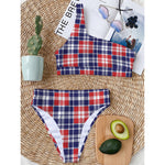 American Independence Day Plaid Print One Shoulder Bikini Top