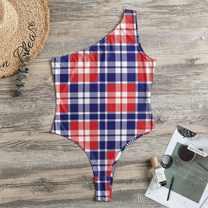 American Independence Day Plaid Print One Shoulder Bodysuit