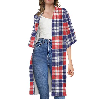 American Independence Day Plaid Print Open Front Beach Cover Up