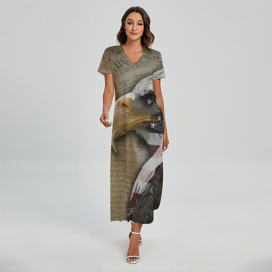 American Land Of Liberty Print Short Sleeve Maxi Dress