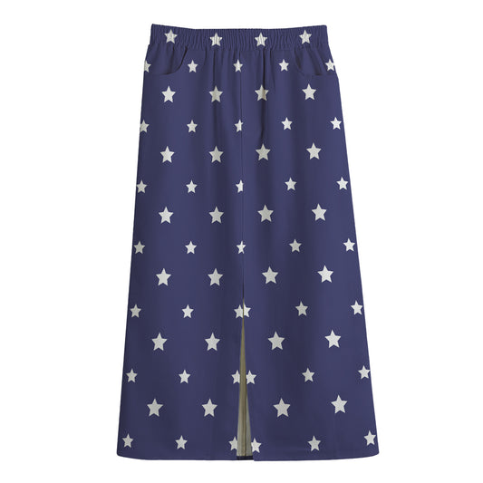 American Little Star Pattern Print Cotton Front Slit Maxi Skirt
