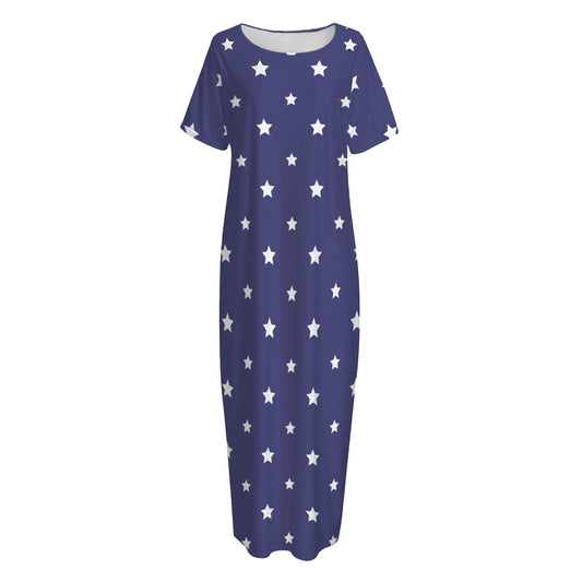 American Little Star Pattern Print Short Sleeve Long Nightdress
