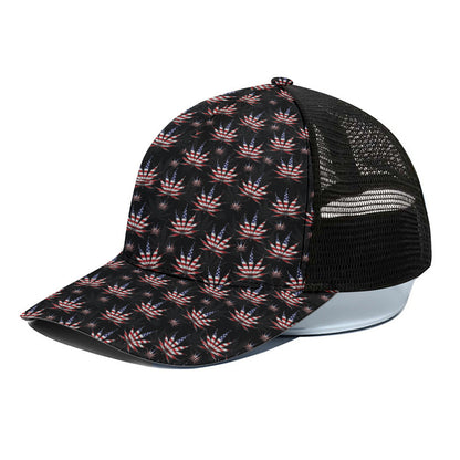 American Marijuana Leaf Pattern Print Black Mesh Trucker Cap