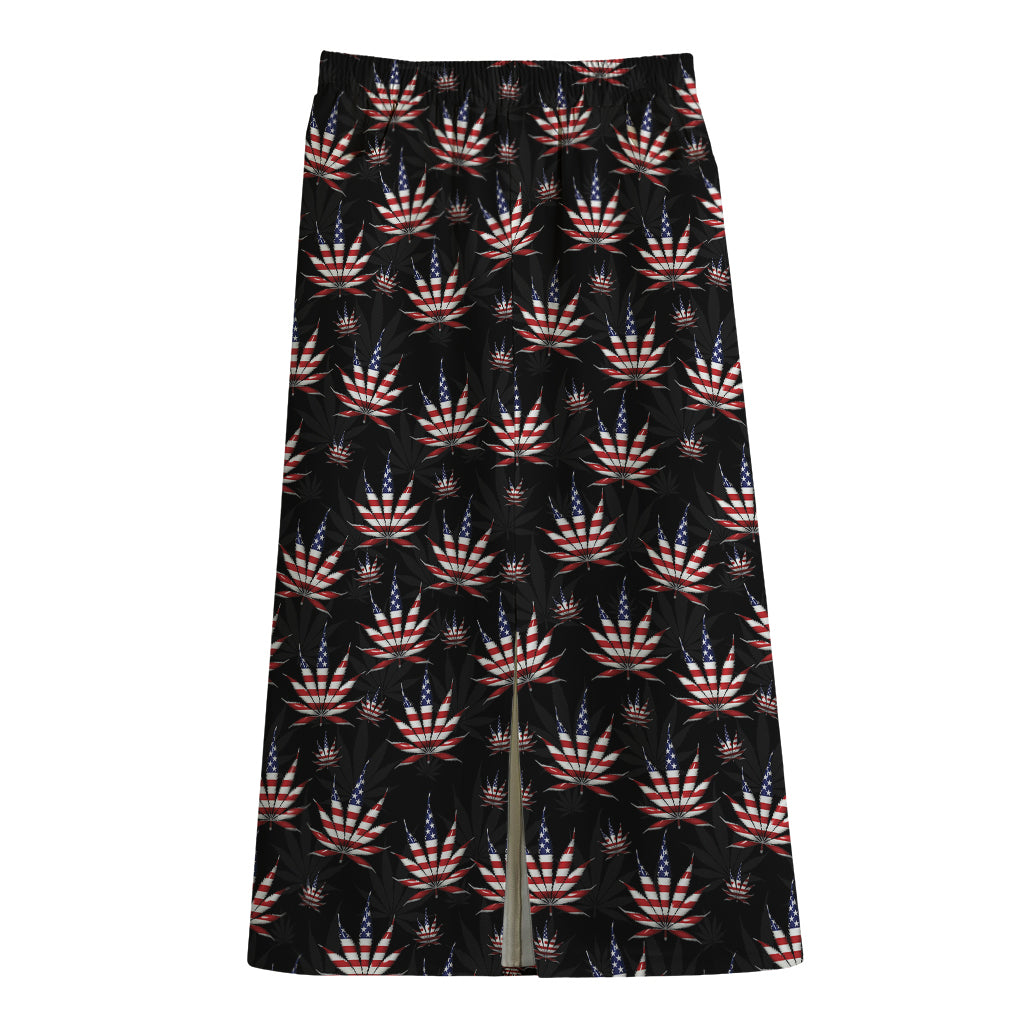 American Marijuana Leaf Pattern Print Cotton Front Slit Maxi Skirt