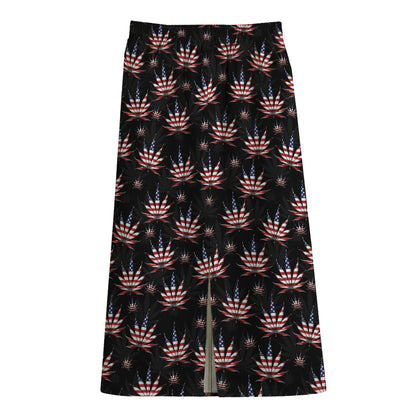 American Marijuana Leaf Pattern Print Cotton Front Slit Maxi Skirt