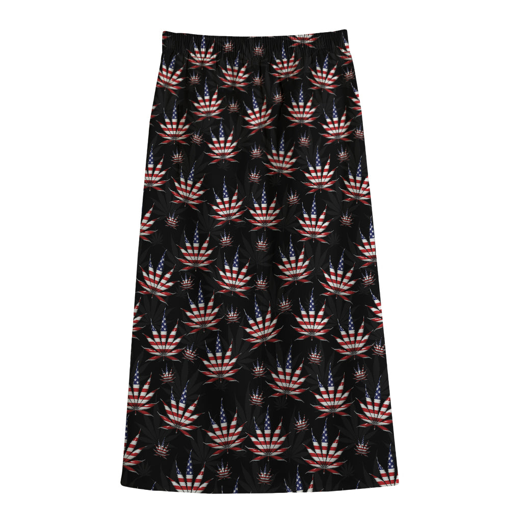 American Marijuana Leaf Pattern Print Cotton Front Slit Maxi Skirt