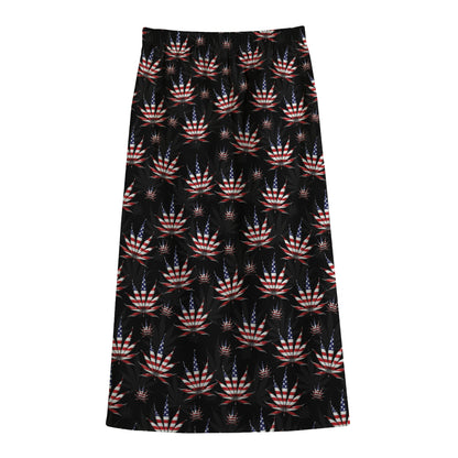 American Marijuana Leaf Pattern Print Cotton Front Slit Maxi Skirt