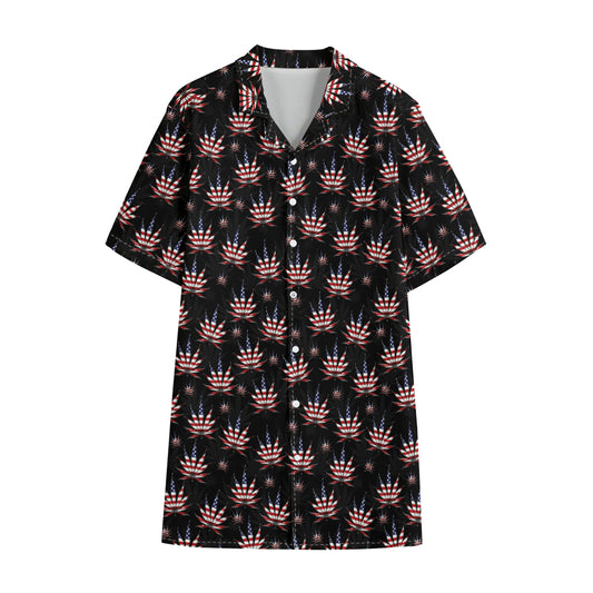 American Marijuana Leaf Pattern Print Cotton Hawaiian Shirt