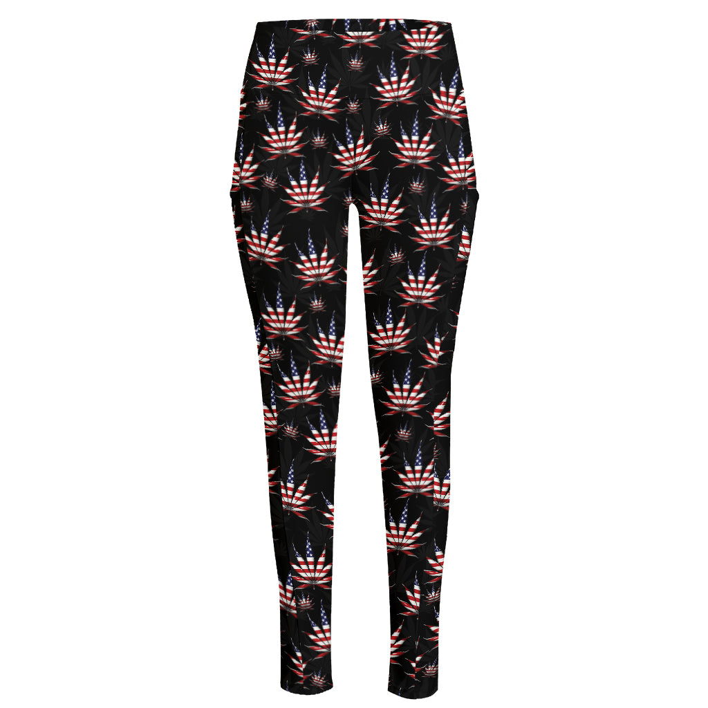 American Marijuana Leaf Pattern Print High-Waisted Pocket Leggings