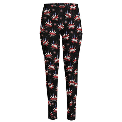 American Marijuana Leaf Pattern Print High-Waisted Pocket Leggings