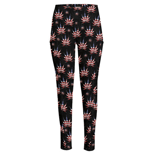 American Marijuana Leaf Pattern Print High-Waisted Pocket Leggings