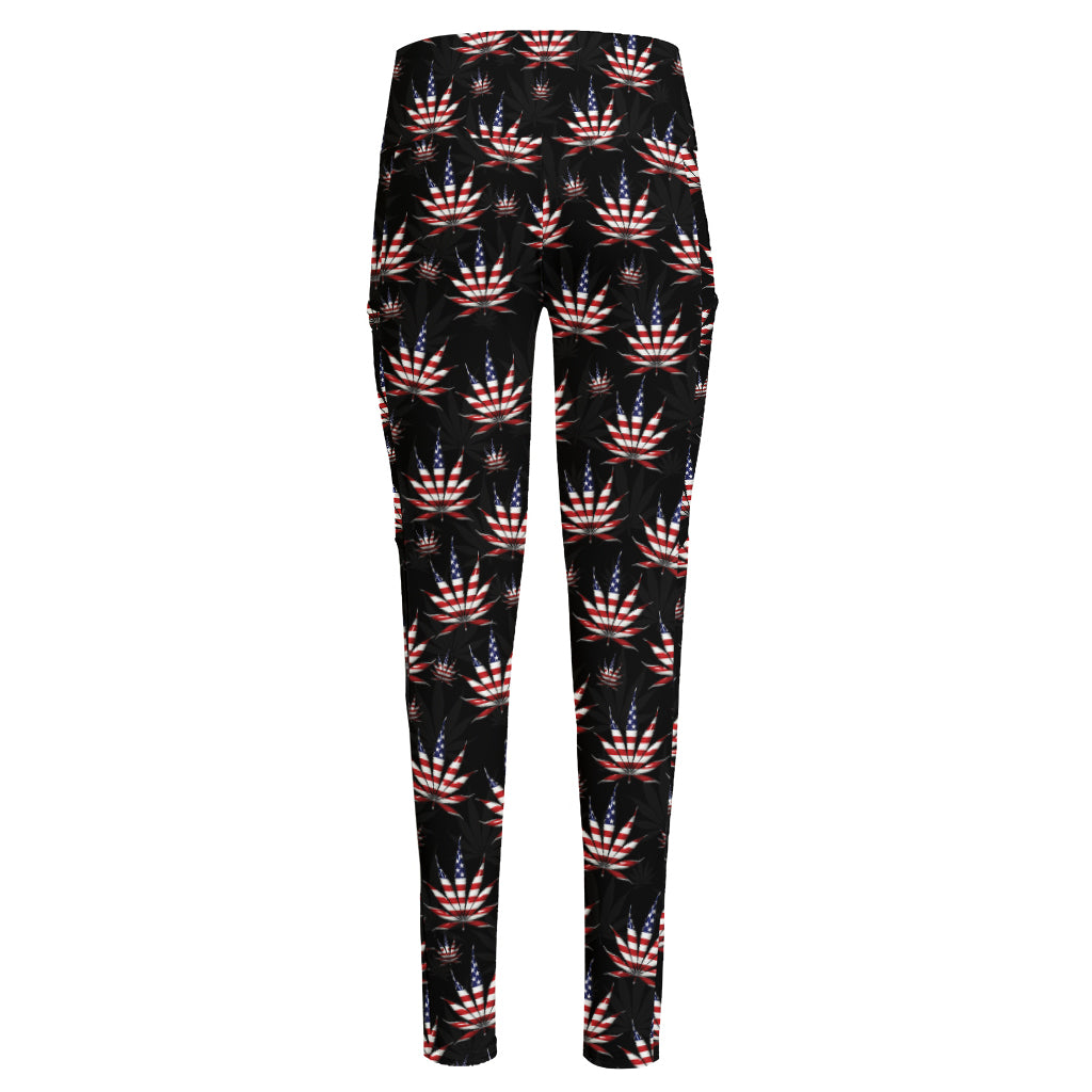 American Marijuana Leaf Pattern Print High-Waisted Pocket Leggings