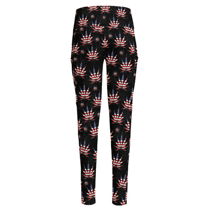American Marijuana Leaf Pattern Print High-Waisted Pocket Leggings