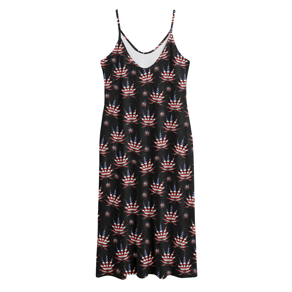 American Marijuana Leaf Pattern Print Jersey Midi Cami Dress
