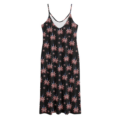 American Marijuana Leaf Pattern Print Jersey Midi Cami Dress