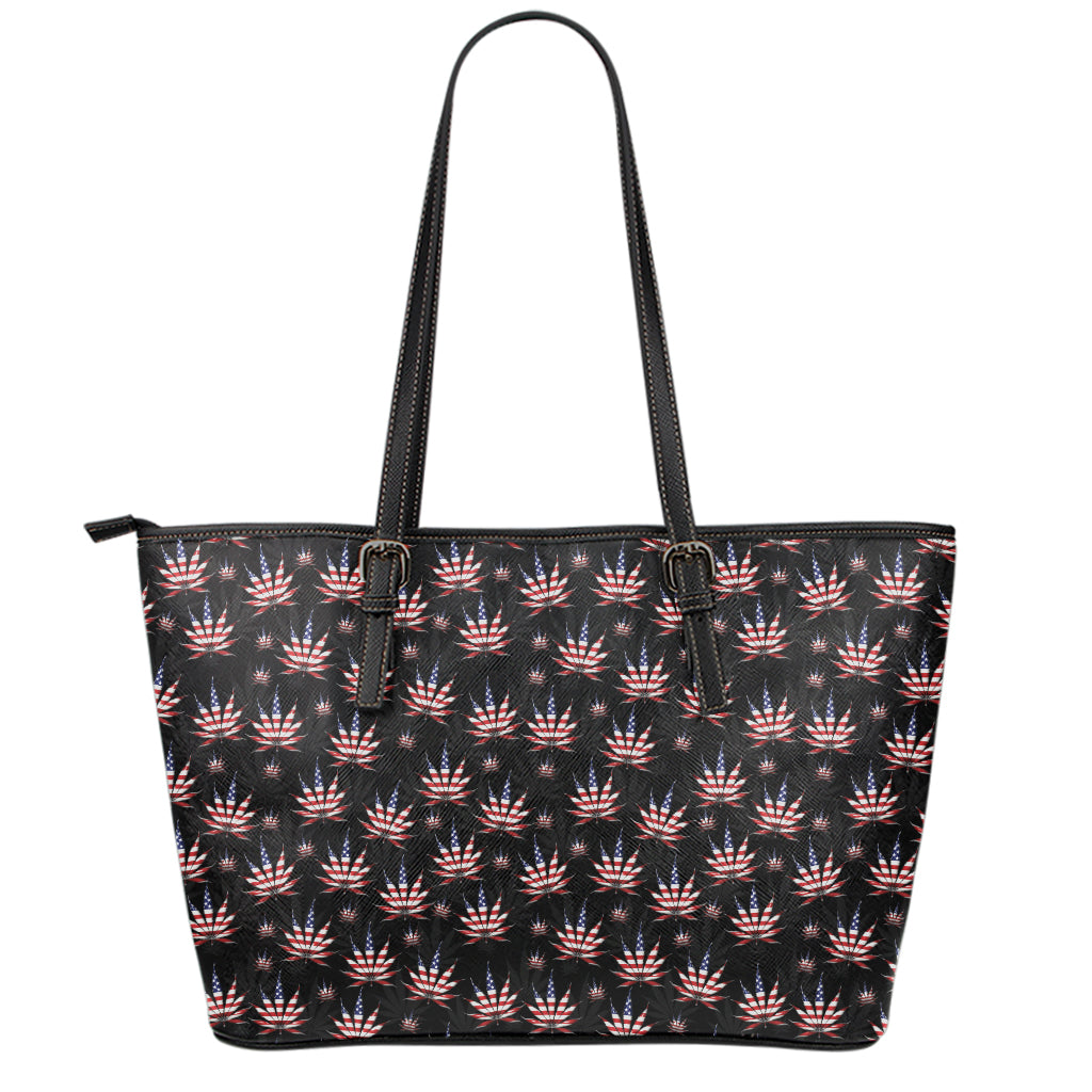 American Marijuana Leaf Pattern Print Leather Tote Bag