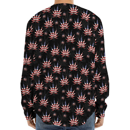 American Marijuana Leaf Pattern Print Long Sleeve Baseball Jersey