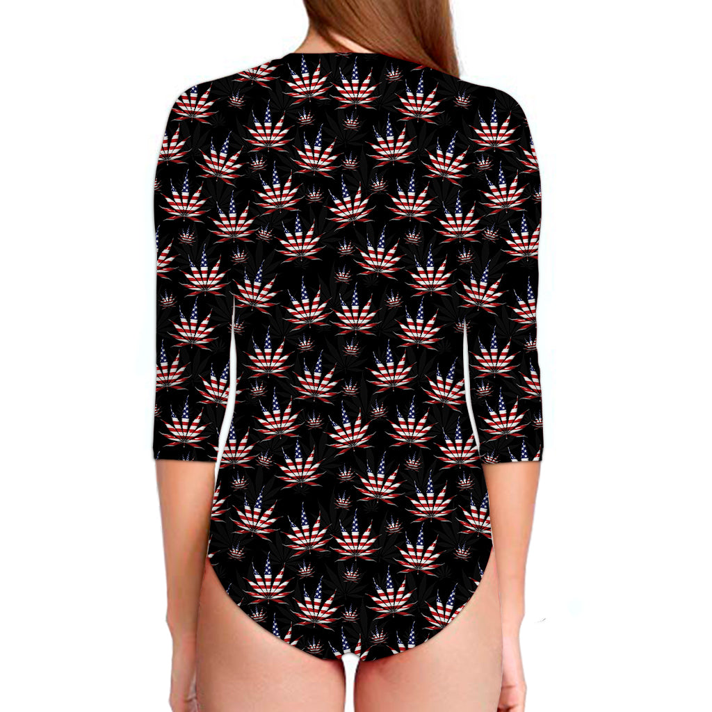 American Marijuana Leaf Pattern Print Long Sleeve Swimsuit