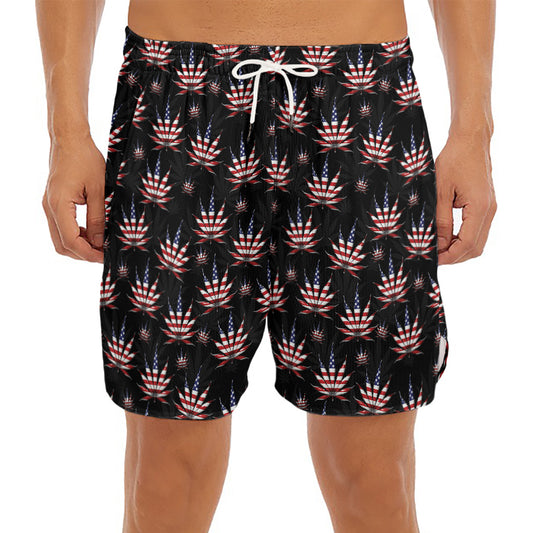 American Marijuana Leaf Pattern Print Men's Split Running Shorts