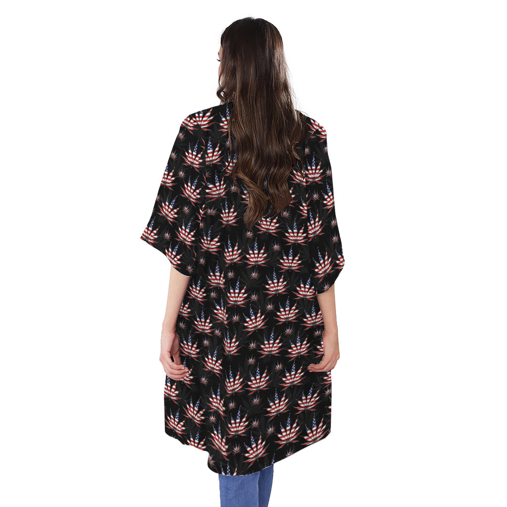 American Marijuana Leaf Pattern Print Open Front Beach Cover Up