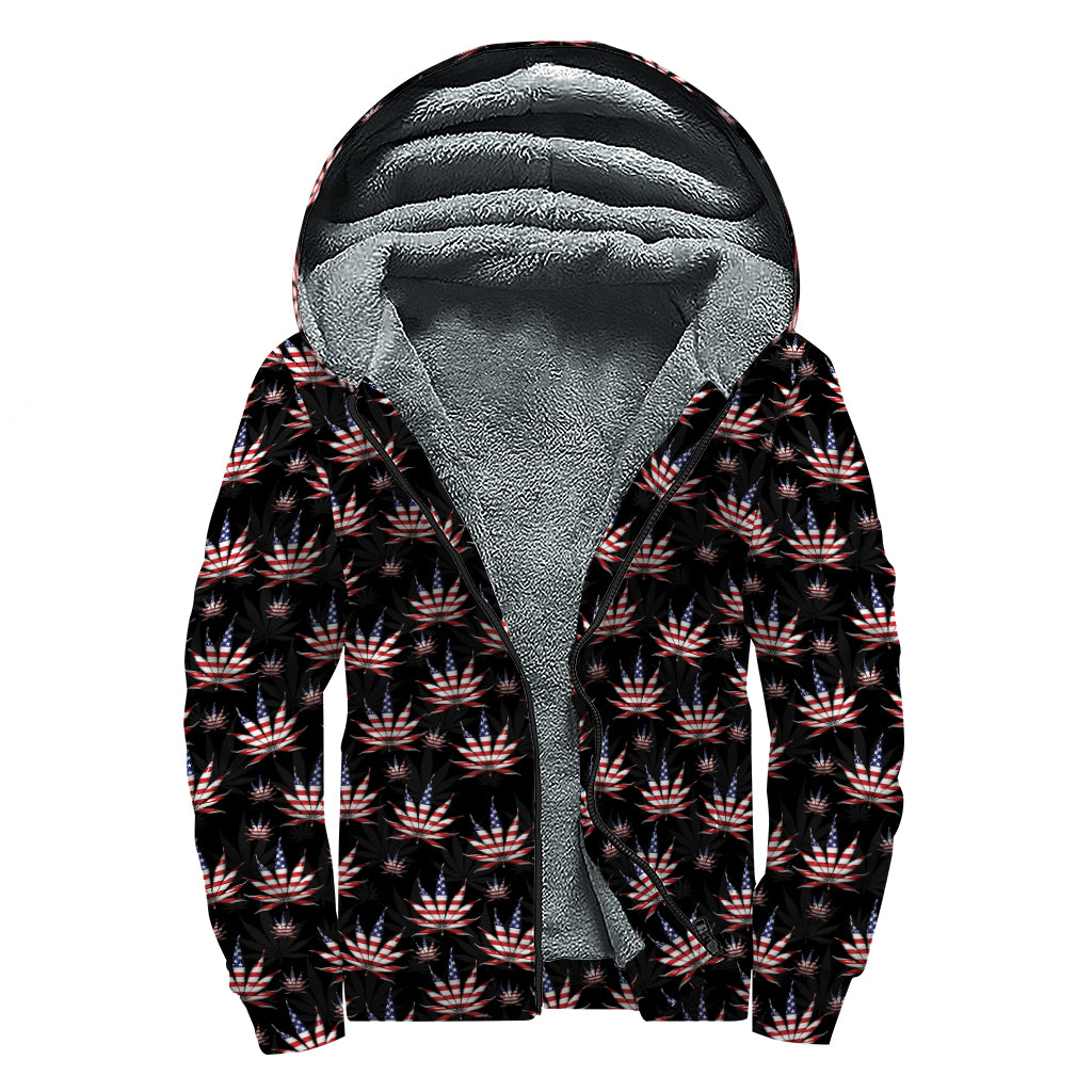 American Marijuana Leaf Pattern Print Sherpa Lined Zip Up Hoodie