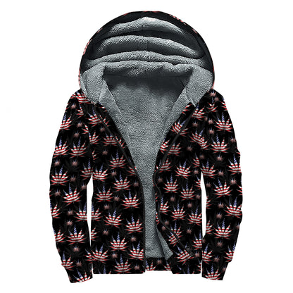American Marijuana Leaf Pattern Print Sherpa Lined Zip Up Hoodie