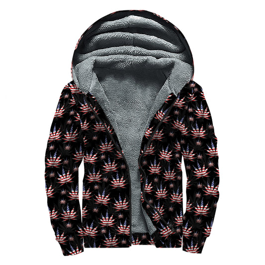 American Marijuana Leaf Pattern Print Sherpa Lined Zip Up Hoodie