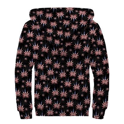 American Marijuana Leaf Pattern Print Sherpa Lined Zip Up Hoodie