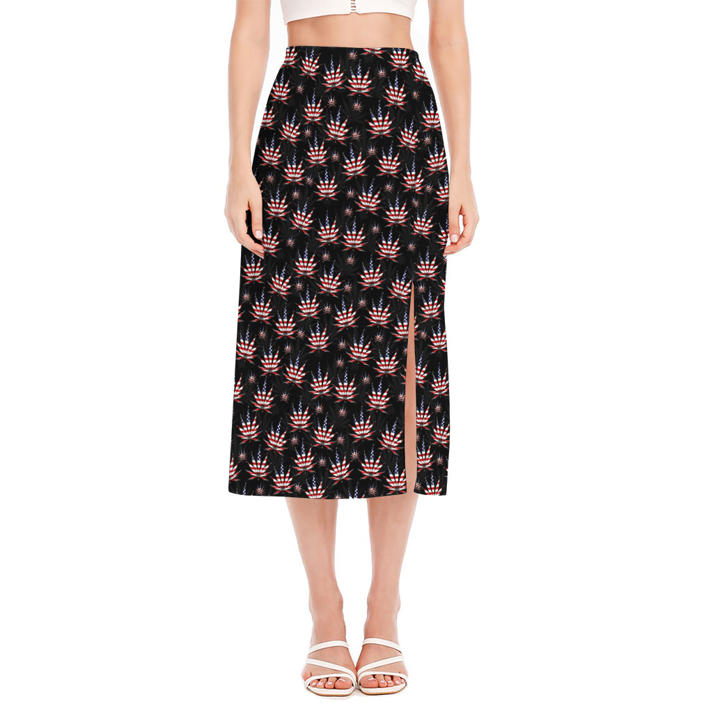 American Marijuana Leaf Pattern Print Side Slit Midi Skirt