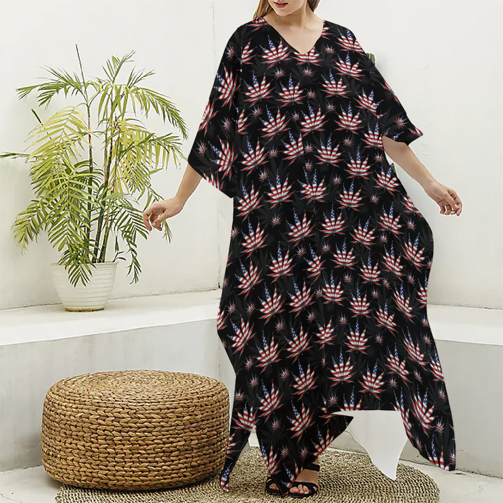 American Marijuana Leaf Pattern Print Silk V-Neck Kaftan Dress