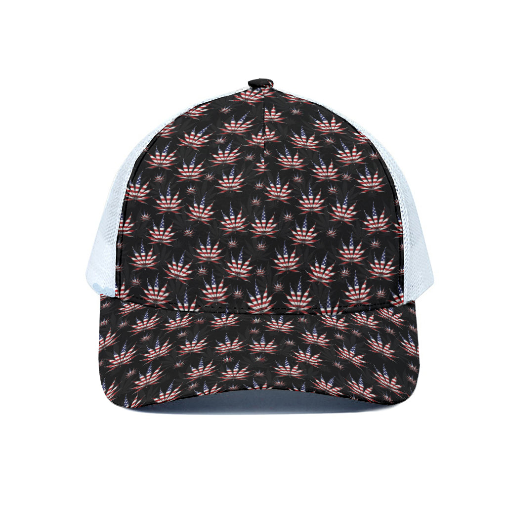 American Marijuana Leaf Pattern Print White Mesh Trucker Cap