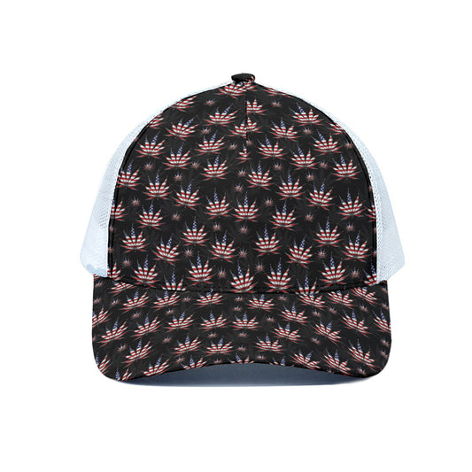 American Marijuana Leaf Pattern Print White Mesh Trucker Cap