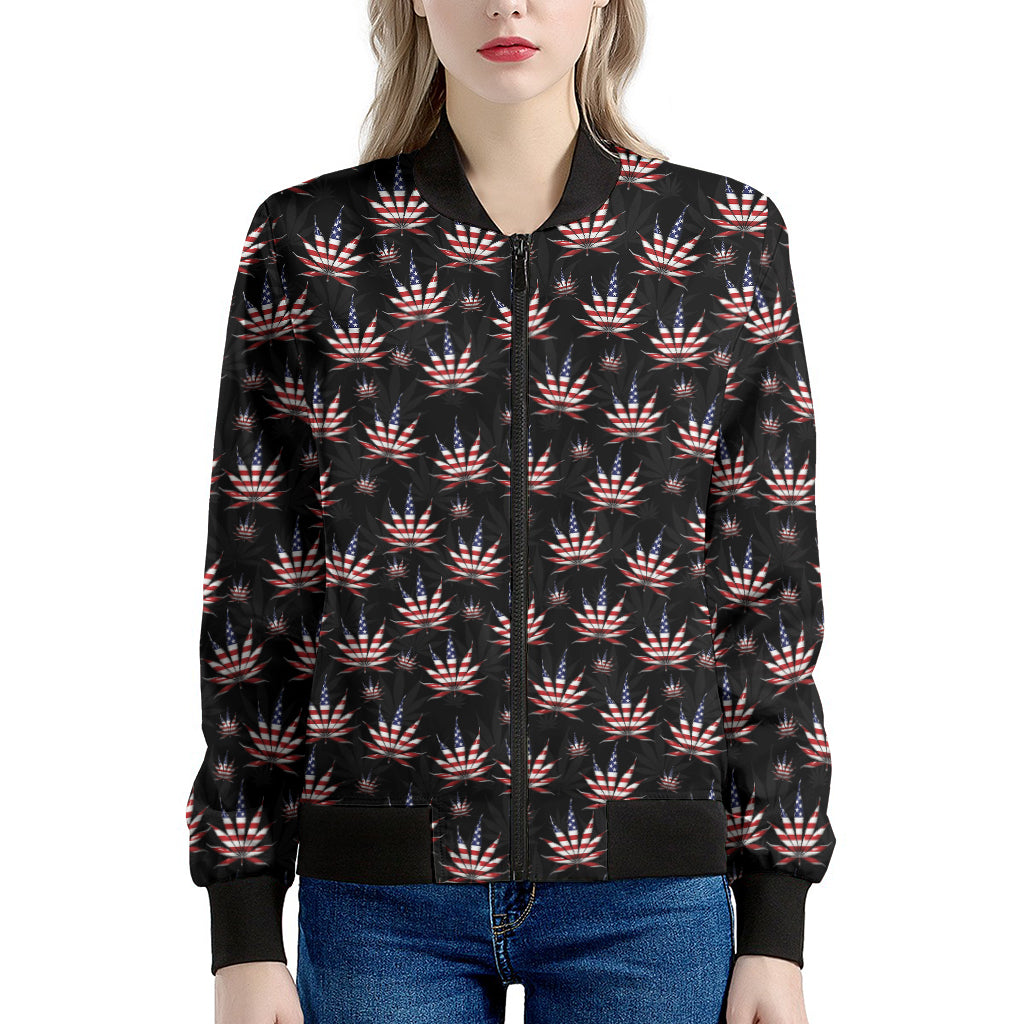 American Marijuana Leaf Pattern Print Women's Bomber Jacket