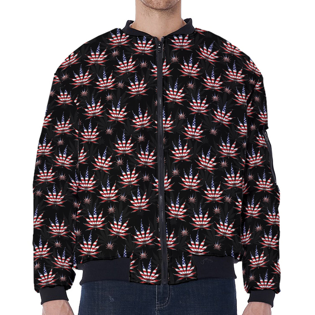 American Marijuana Leaf Pattern Print Zip Sleeve Bomber Jacket