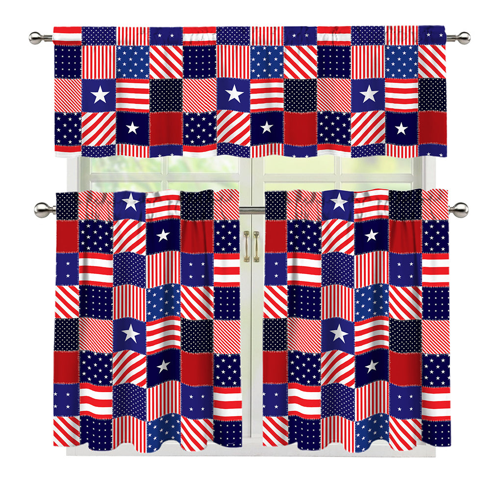 American Patriotic Patchwork Print 3 Piece Kitchen Curtains
