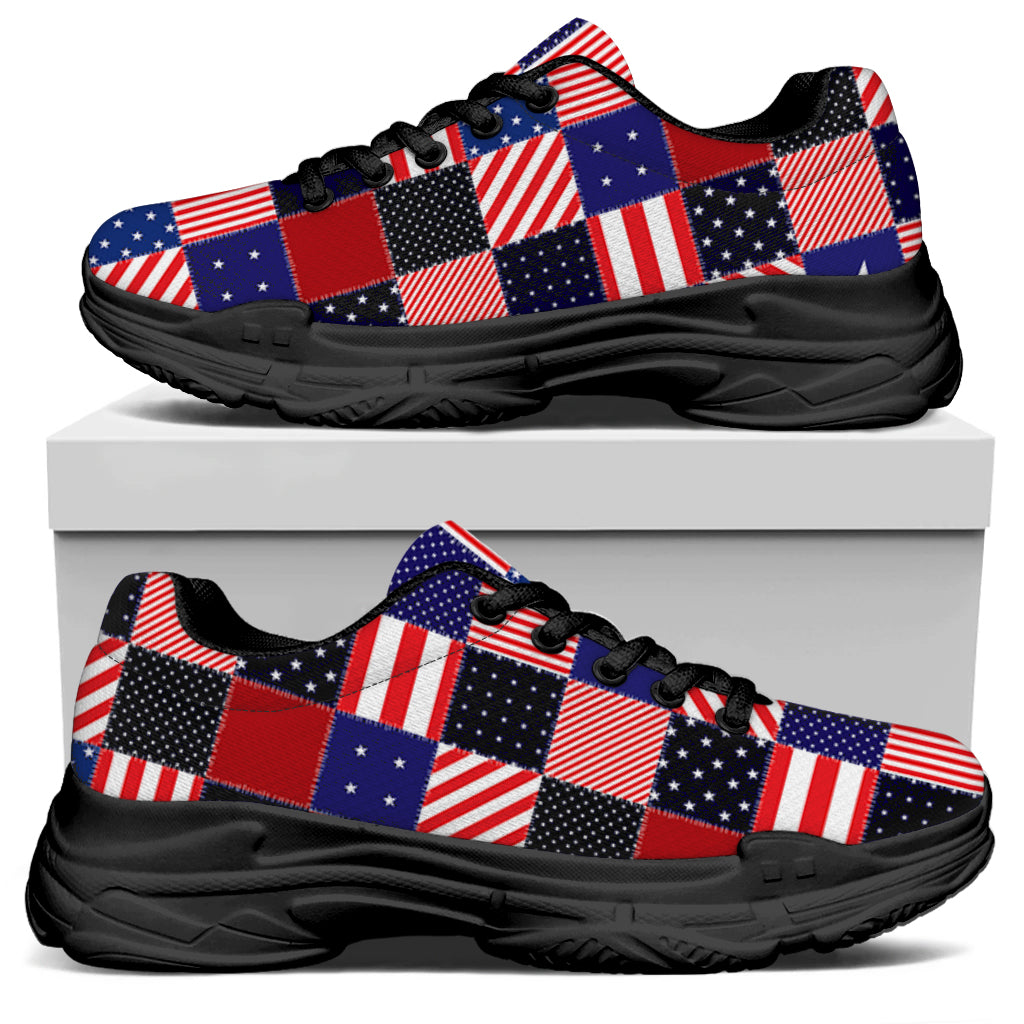 American Patriotic Patchwork Print Black Chunky Shoes