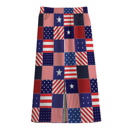 American Patriotic Patchwork Print Cotton Front Slit Maxi Skirt