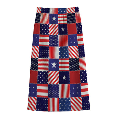 American Patriotic Patchwork Print Cotton Front Slit Maxi Skirt