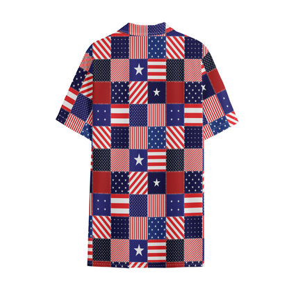 American Patriotic Patchwork Print Cotton Hawaiian Shirt