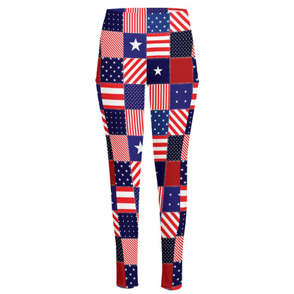 American Patriotic Patchwork Print High-Waisted Pocket Leggings